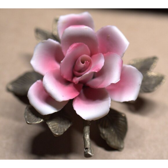 Vintage Capodimonte Porcelain Pink Rose Flower Sculpture Italy - Picture 6 of 11